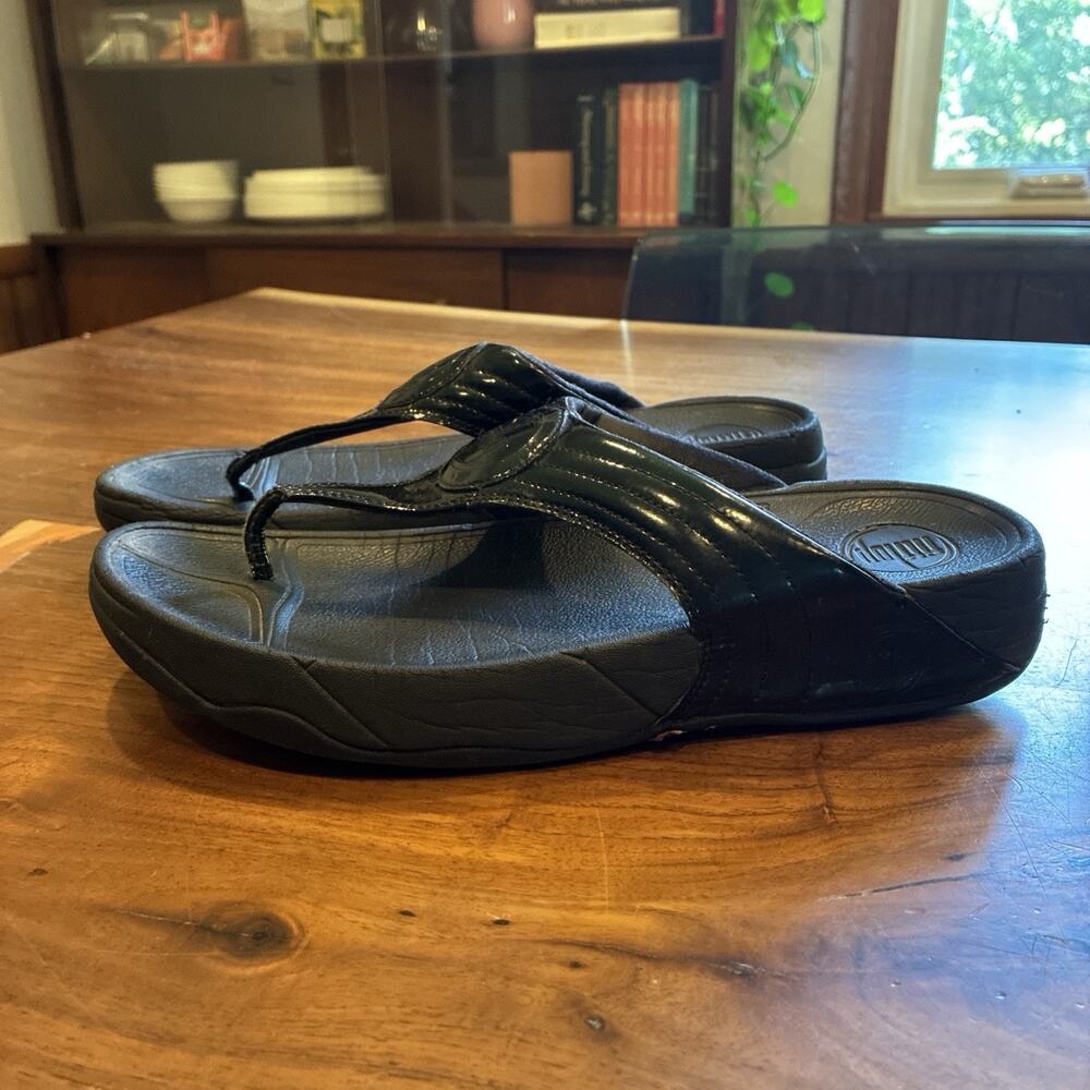 Fitflop 9 Black Patent Comfort Sandals Cushion Flip Flops‎